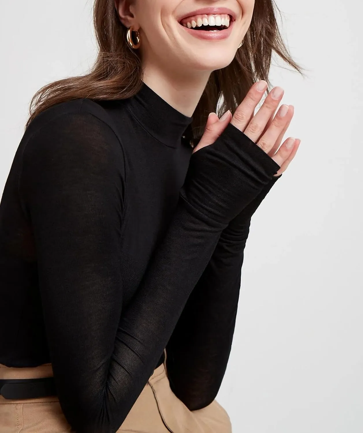 Sheer Mesh Long Sleeve Layering Top for Women Mock Neck Floral Lace Tshirt See Through Tee Shirt Blouse