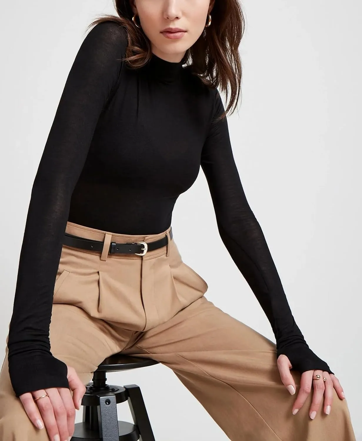 Sheer Mesh Long Sleeve Layering Top for Women Mock Neck Floral Lace Tshirt See Through Tee Shirt Blouse