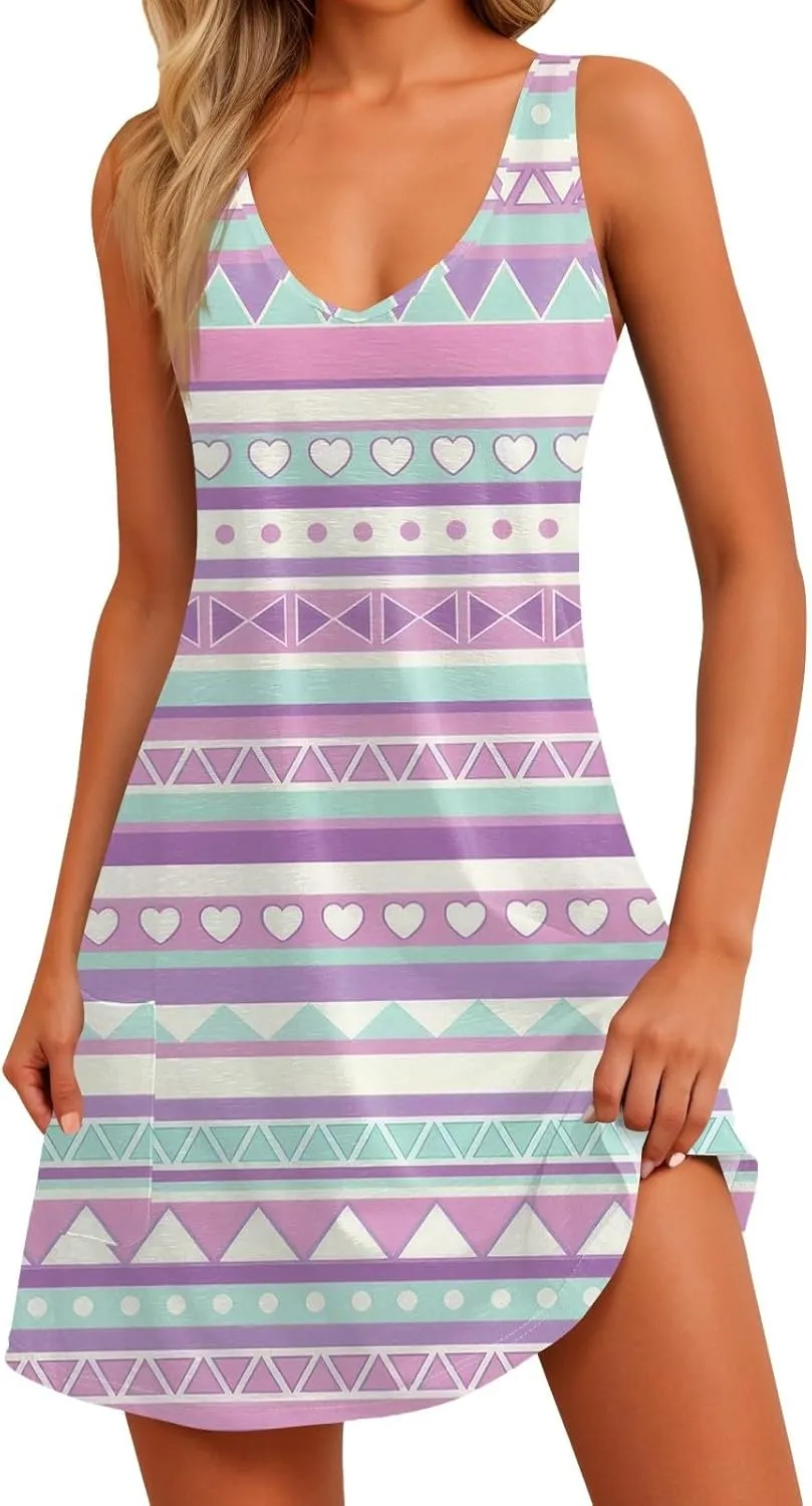 Summer Dresses for Women Beach V Neck Swimsuit Coverup Casual Sleeveless Dress with Pocket 2025 Printed Sundress