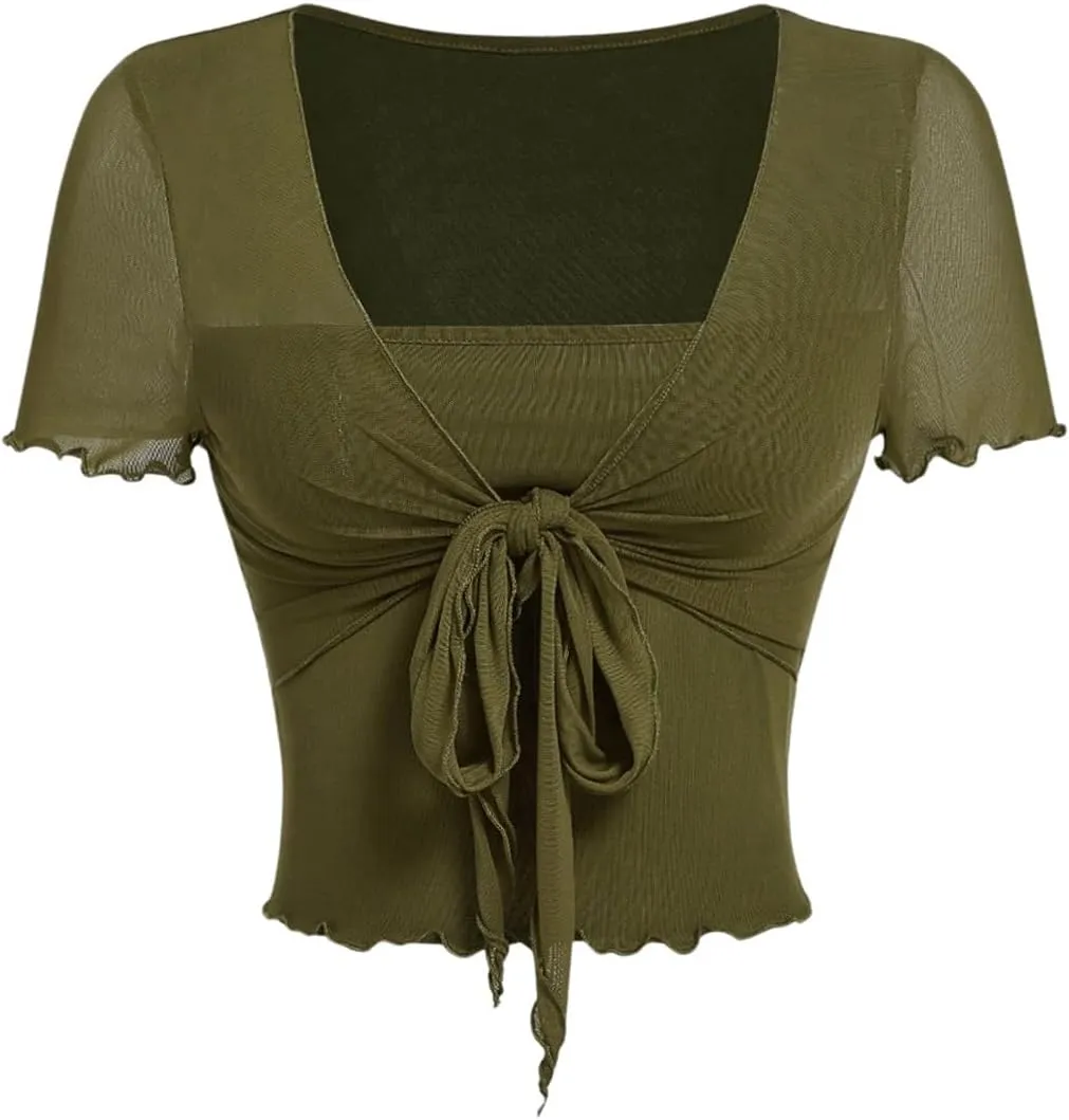 SweatyRocks Women's Contrast Mesh Sheer T Shirts Lettuce Trim Short Sleeve Slim Fit Cropped Top