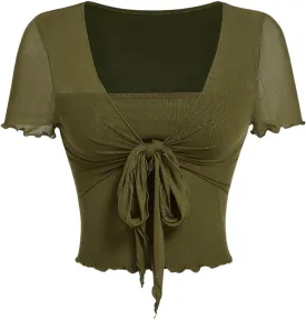 SweatyRocks Women's Contrast Mesh Sheer T Shirts Lettuce Trim Short Sleeve Slim Fit Cropped Top
