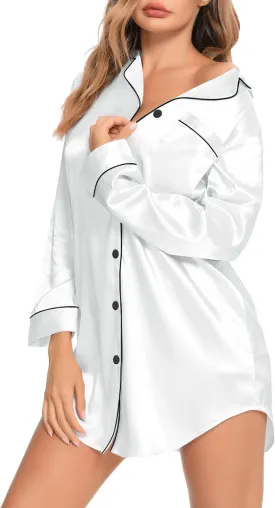 SWOMOG Women's Satin Sleep Shirt Long Sleeve Sleepwear Silk Nightshirt Button Down Pajama Top