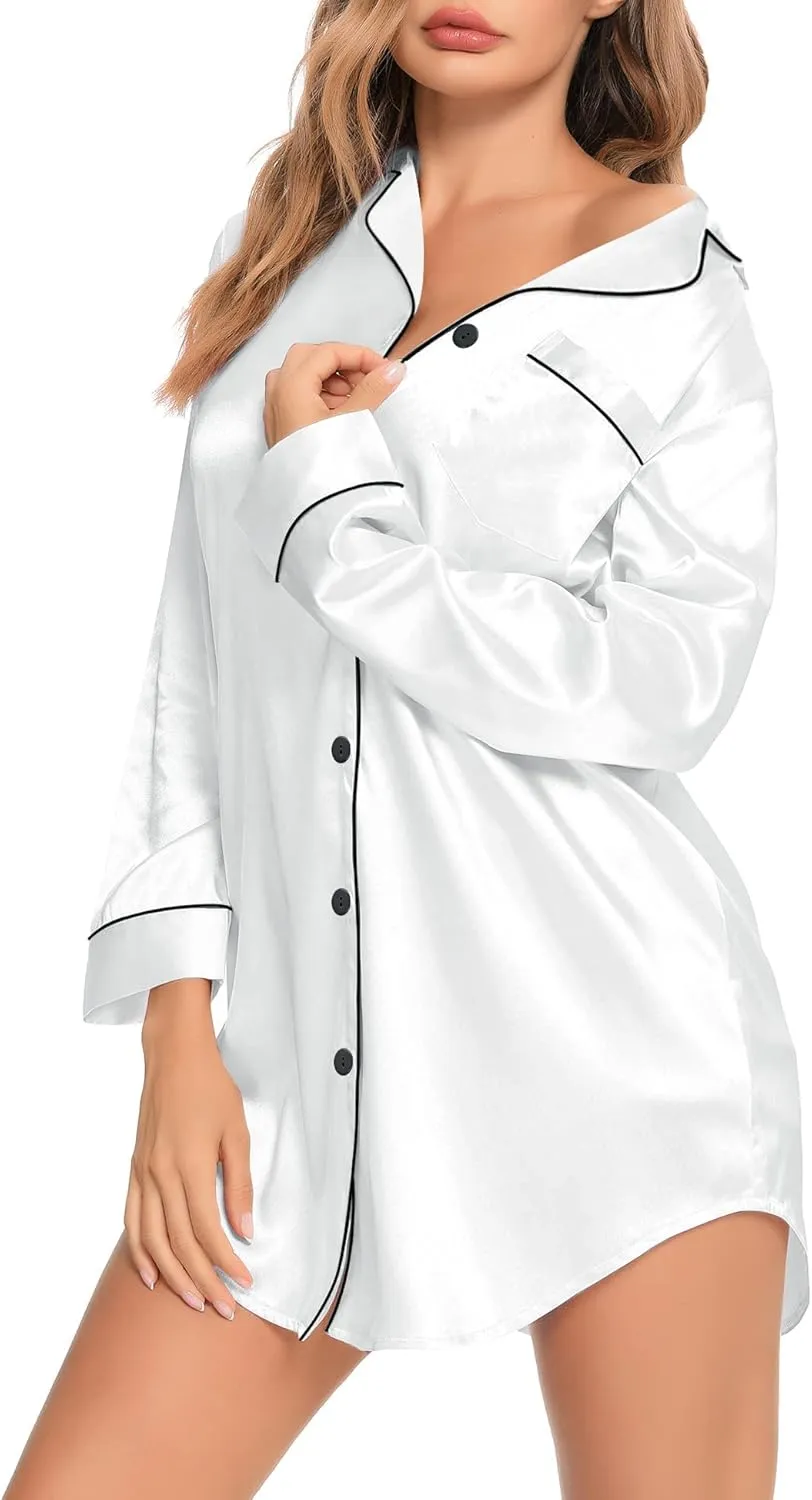 SWOMOG Women's Satin Sleep Shirt Long Sleeve Sleepwear Silk Nightshirt Button Down Pajama Top