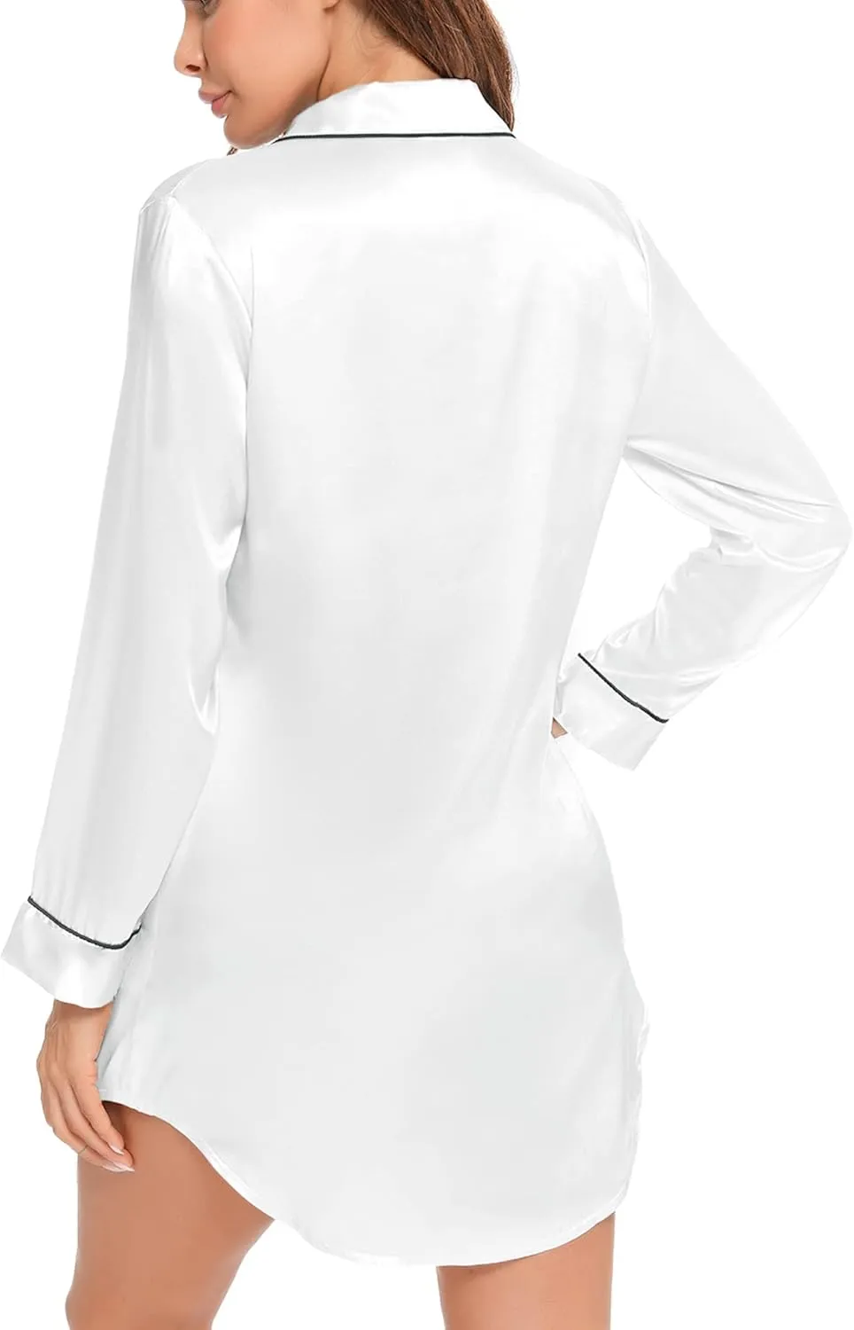 SWOMOG Women's Satin Sleep Shirt Long Sleeve Sleepwear Silk Nightshirt Button Down Pajama Top
