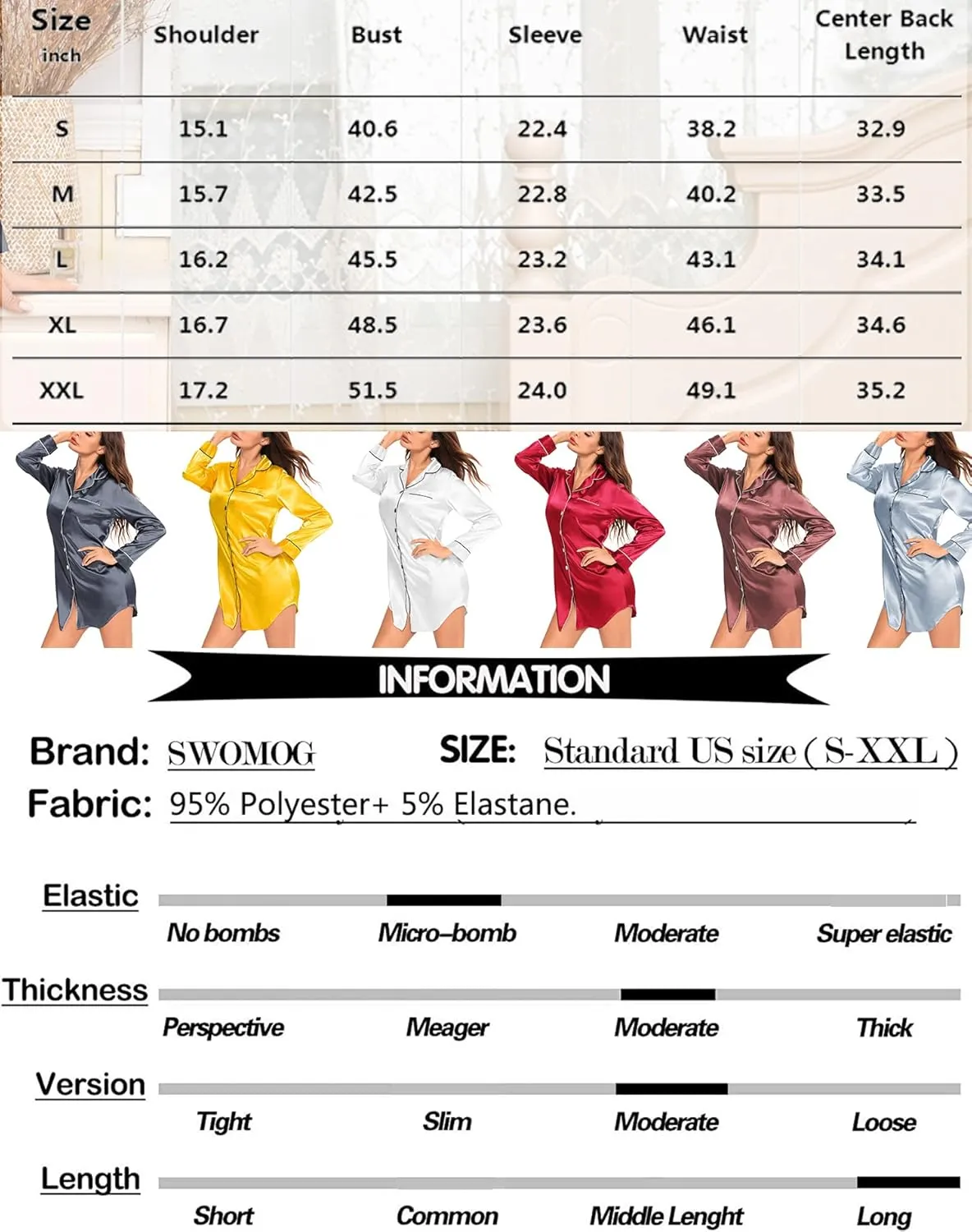SWOMOG Women's Satin Sleep Shirt Long Sleeve Sleepwear Silk Nightshirt Button Down Pajama Top