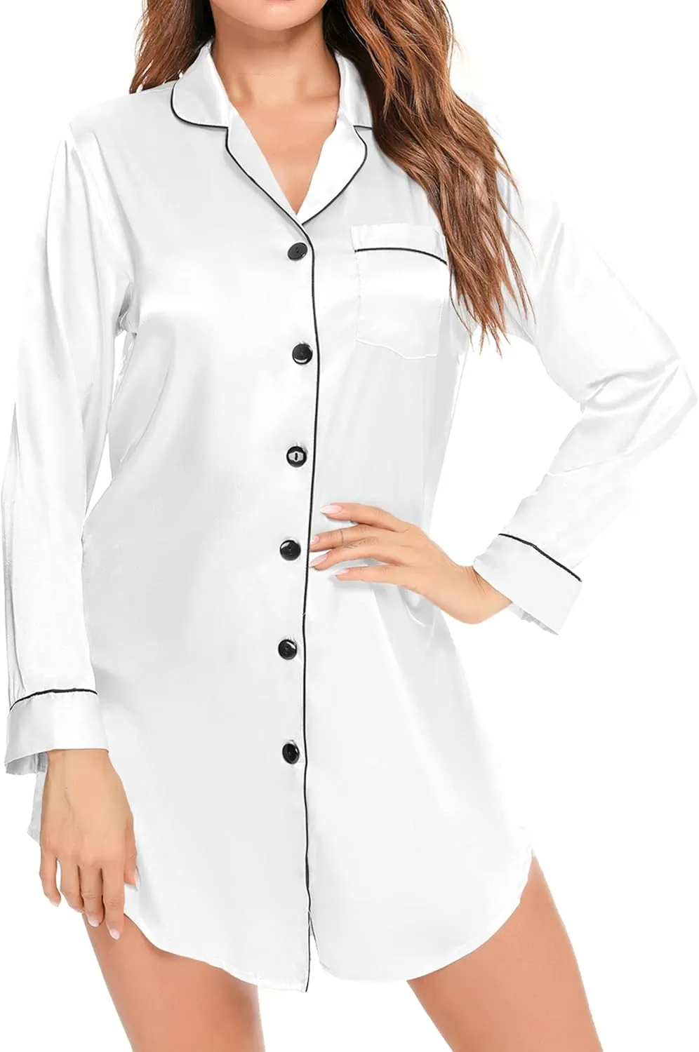 SWOMOG Women's Satin Sleep Shirt Long Sleeve Sleepwear Silk Nightshirt Button Down Pajama Top
