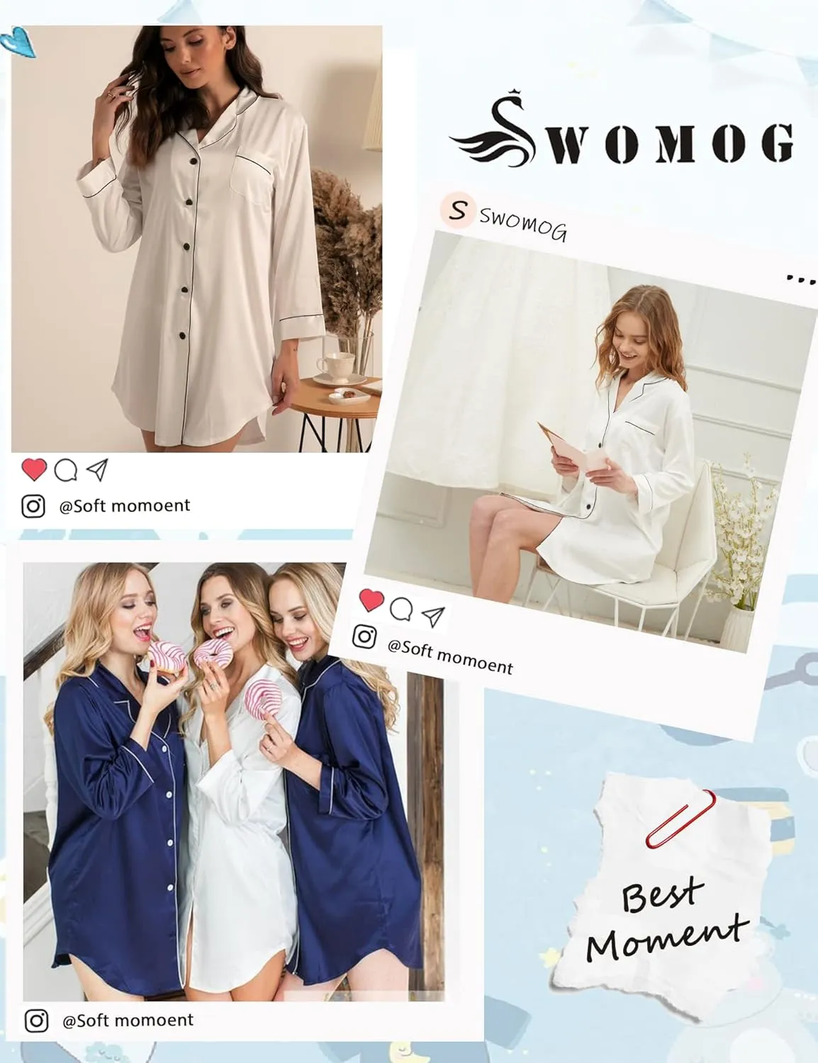 SWOMOG Women's Satin Sleep Shirt Long Sleeve Sleepwear Silk Nightshirt Button Down Pajama Top