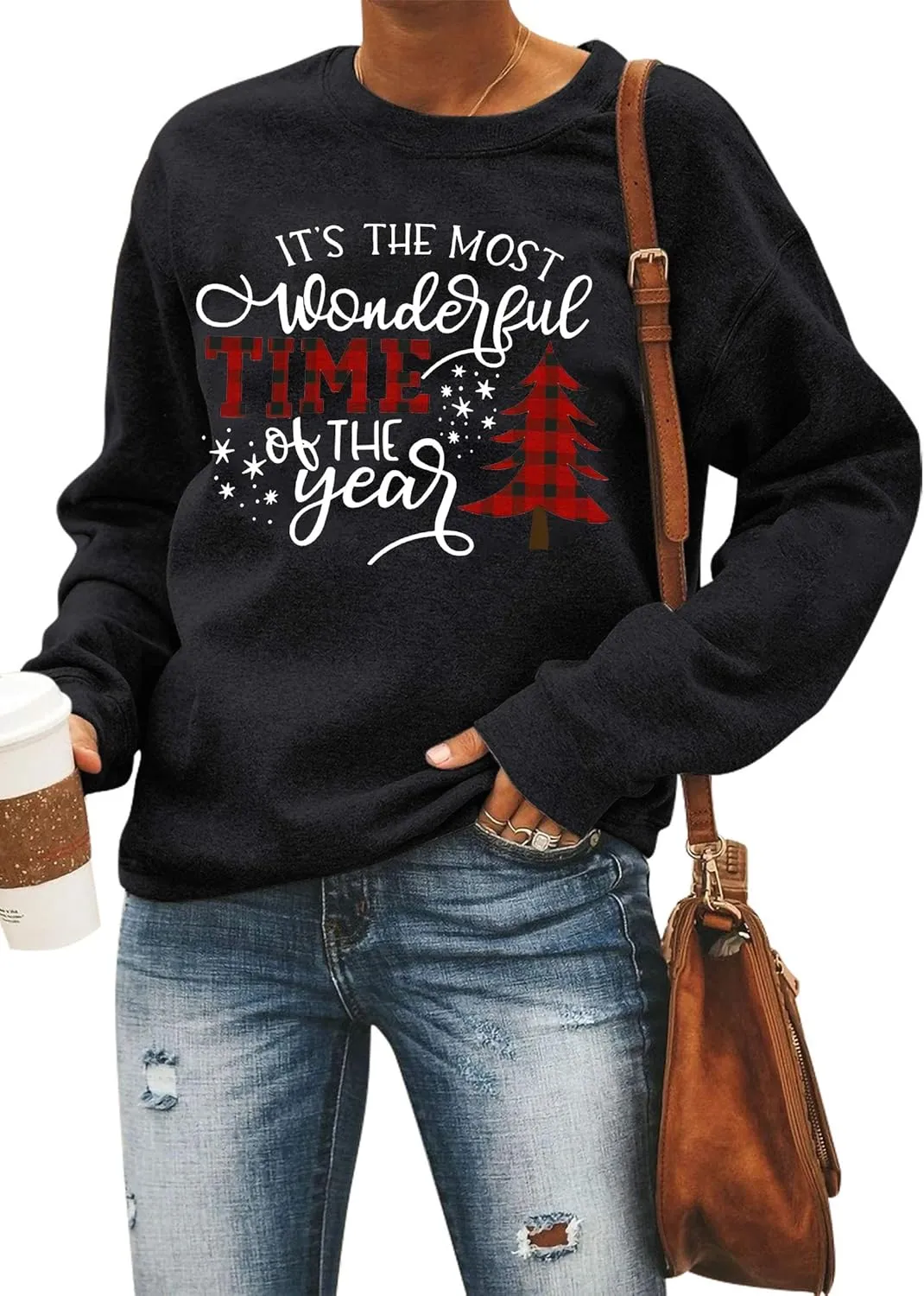 TAOHONG Merry Christmas Sweatshirt Women Xmas Buffalo Plaid Tree Color Block Christmas Snowflake Print Long Sleeve Top Shirts