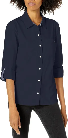 Tommy Hilfiger Women's Button Down Long Sleeve Collared Shirt With Chest Pocket