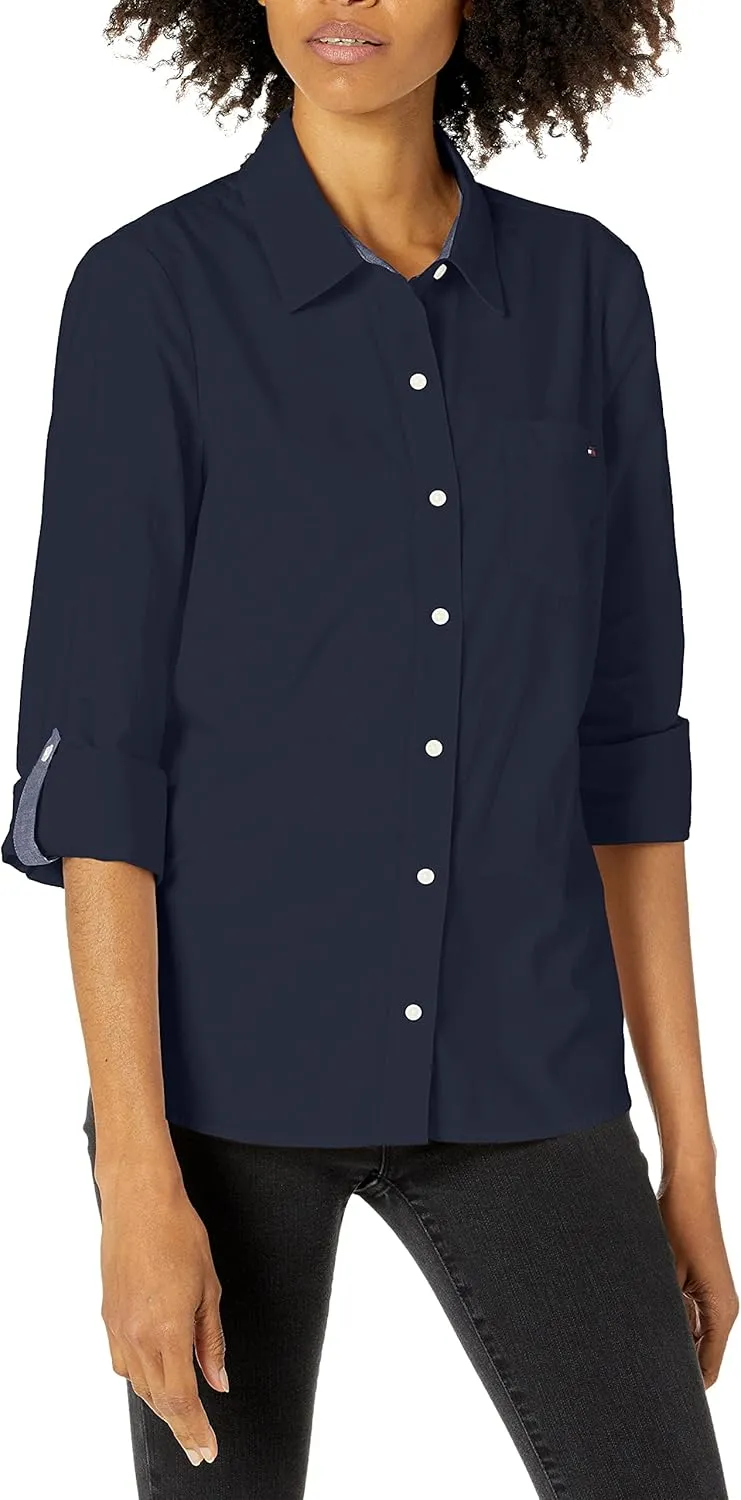 Tommy Hilfiger Women's Button Down Long Sleeve Collared Shirt With Chest Pocket