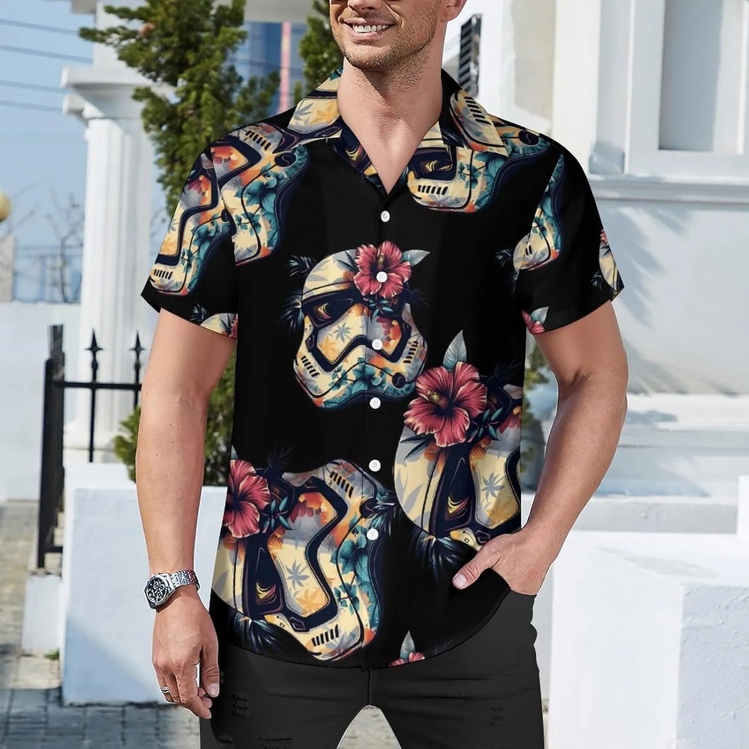 Tropical Stormtrooper Floral Print Men's Hawaiian Shirt Cuban Collar Shirt Short Sleeve Button Down Tops Beach T Shirts