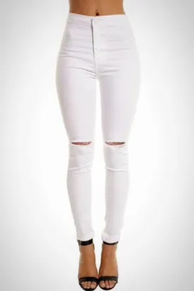 White High Waisted Ripped Knee Skinny Jeggings
