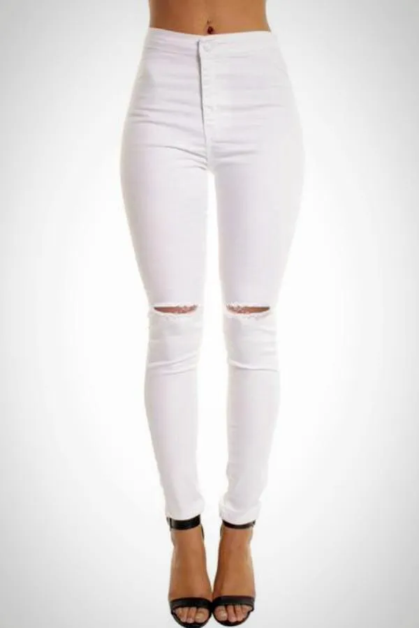 White High Waisted Ripped Knee Skinny Jeggings