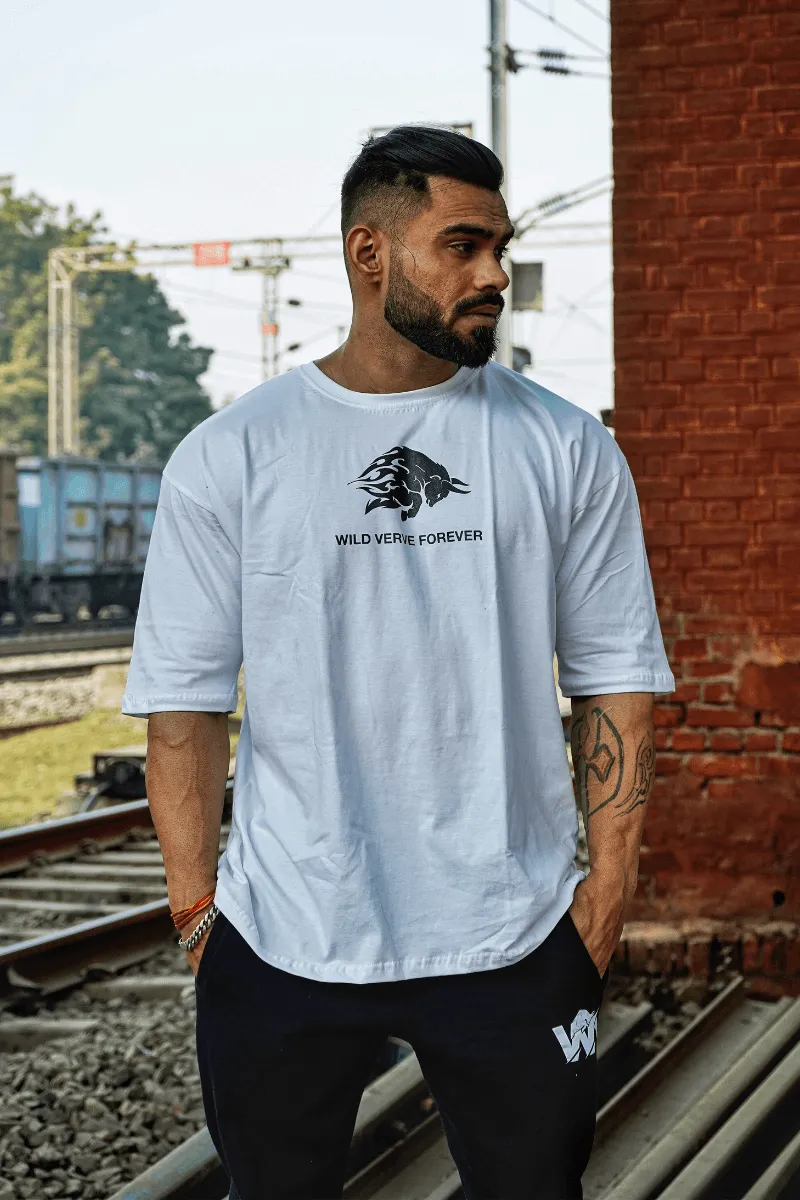 Wild Verve Forever Fiery Bull Oversized T-shirt (White)