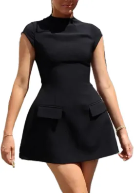 Women Cap Sleeve Mini Dress Mock Neck High Waist Short Aline Dress Flap Pocket Warp Bodycon Dress Commuting