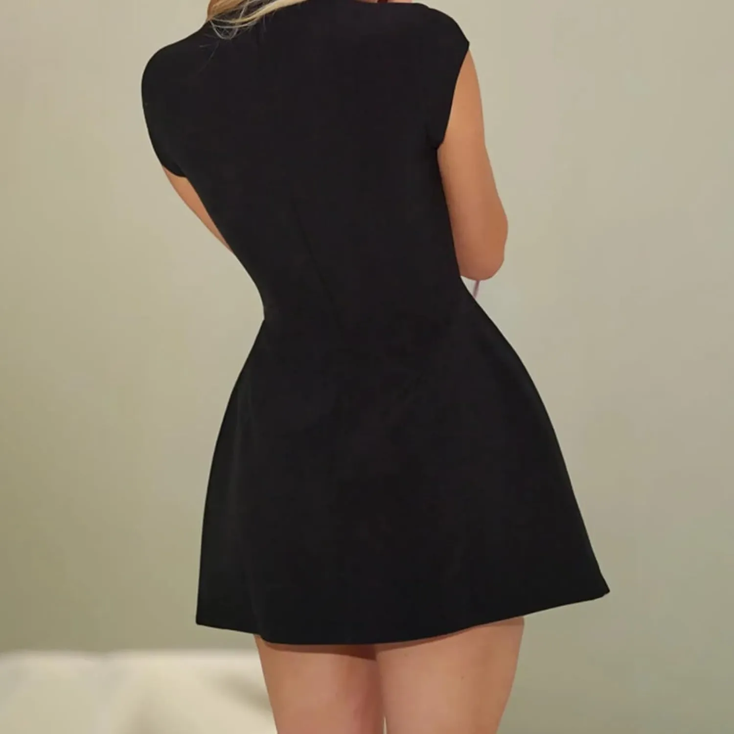 Women Cap Sleeve Mini Dress Mock Neck High Waist Short Aline Dress Flap Pocket Warp Bodycon Dress Commuting