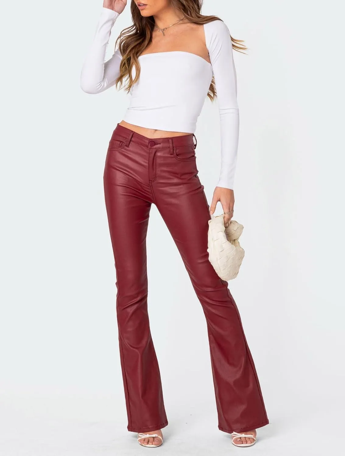 Women Faux Leather Flare Pants PU High Waisted Skinny Bell Bottoms Leggings Trendy Bootcut Pants with Slant Pocket