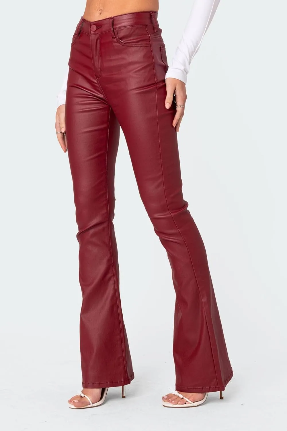 Women Faux Leather Flare Pants PU High Waisted Skinny Bell Bottoms Leggings Trendy Bootcut Pants with Slant Pocket