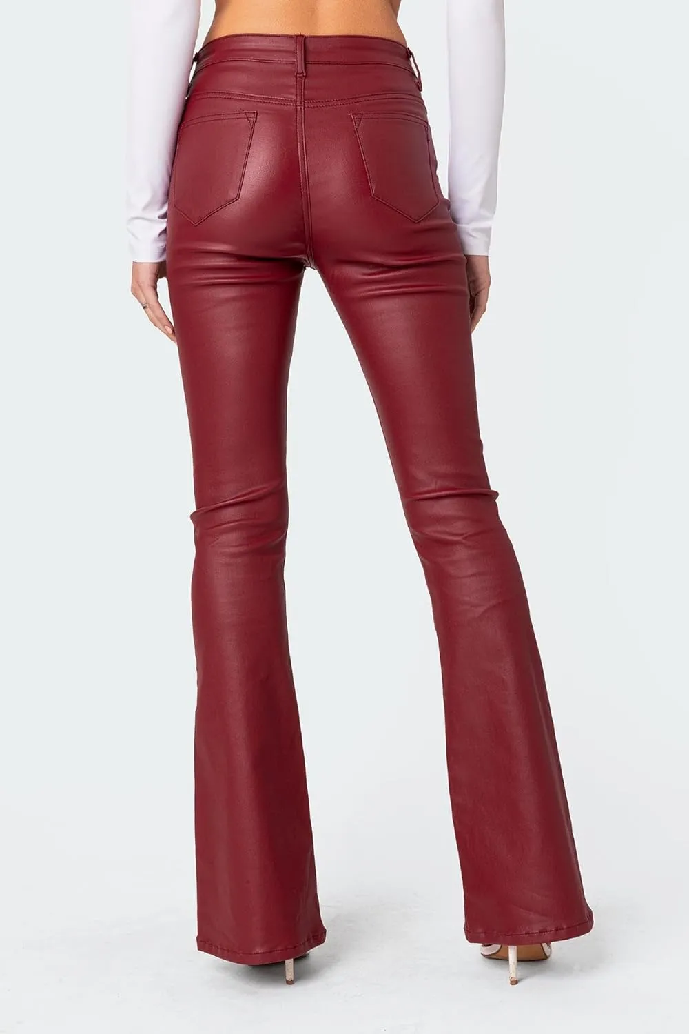 Women Faux Leather Flare Pants PU High Waisted Skinny Bell Bottoms Leggings Trendy Bootcut Pants with Slant Pocket