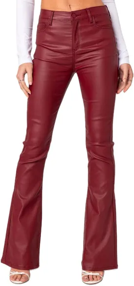Women Faux Leather Flare Pants PU High Waisted Skinny Bell Bottoms Leggings Trendy Bootcut Pants with Slant Pocket