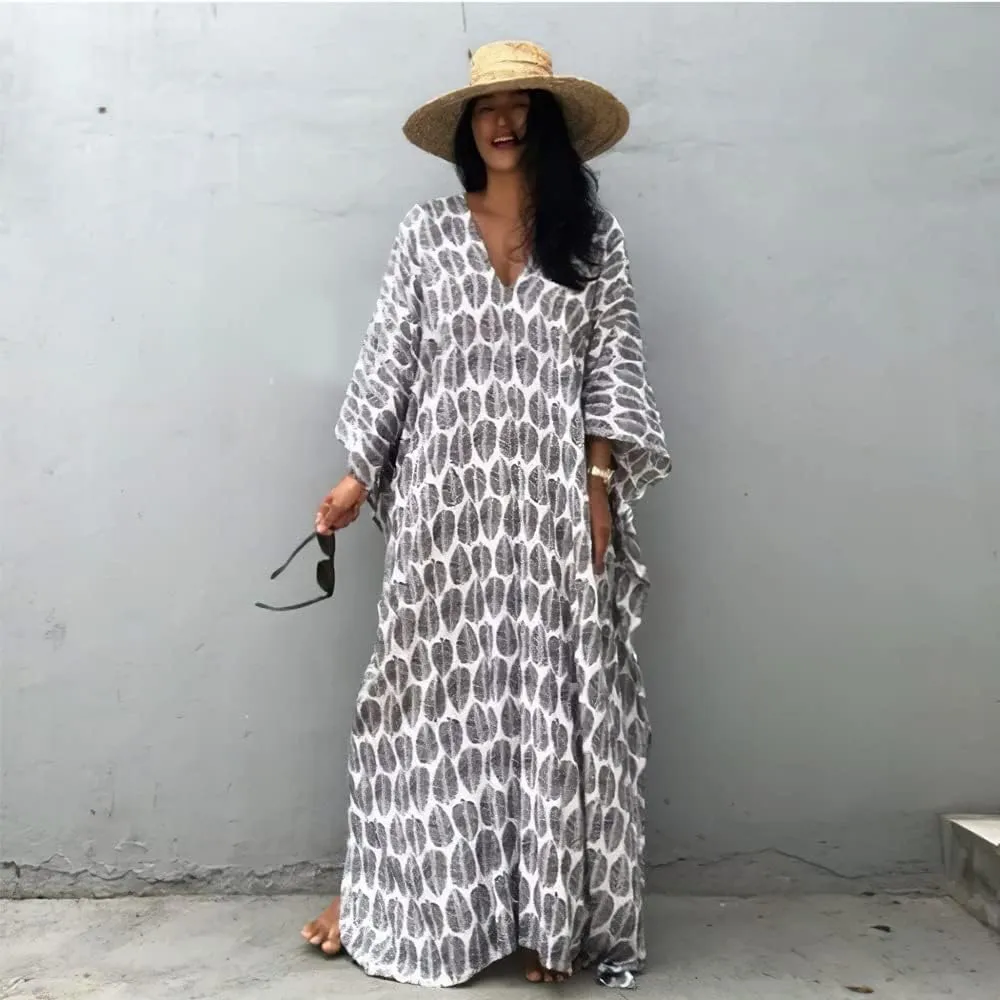 Women Long Tunic Dress Kaftan Maxi Dress Batwing 3/4 Sleeve Plus Size Summer Dress