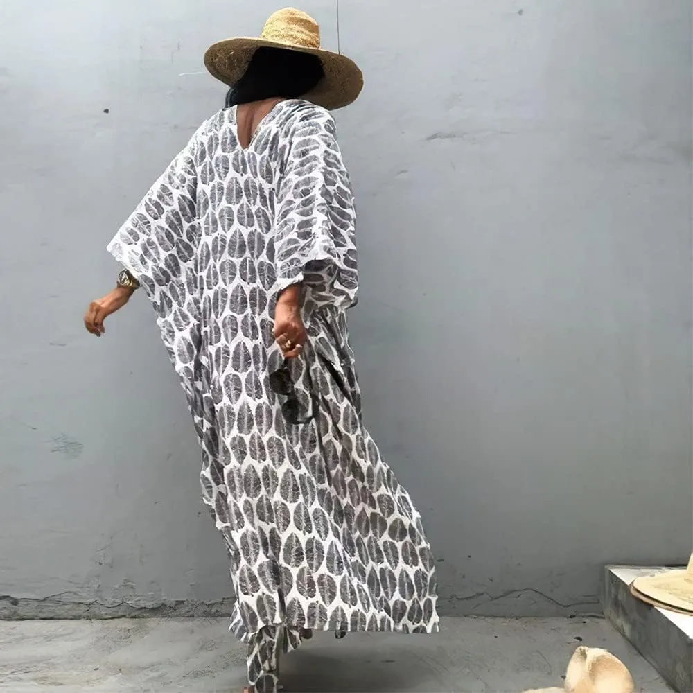 Women Long Tunic Dress Kaftan Maxi Dress Batwing 3/4 Sleeve Plus Size Summer Dress