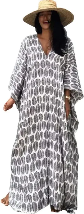 Women Long Tunic Dress Kaftan Maxi Dress Batwing 3/4 Sleeve Plus Size Summer Dress