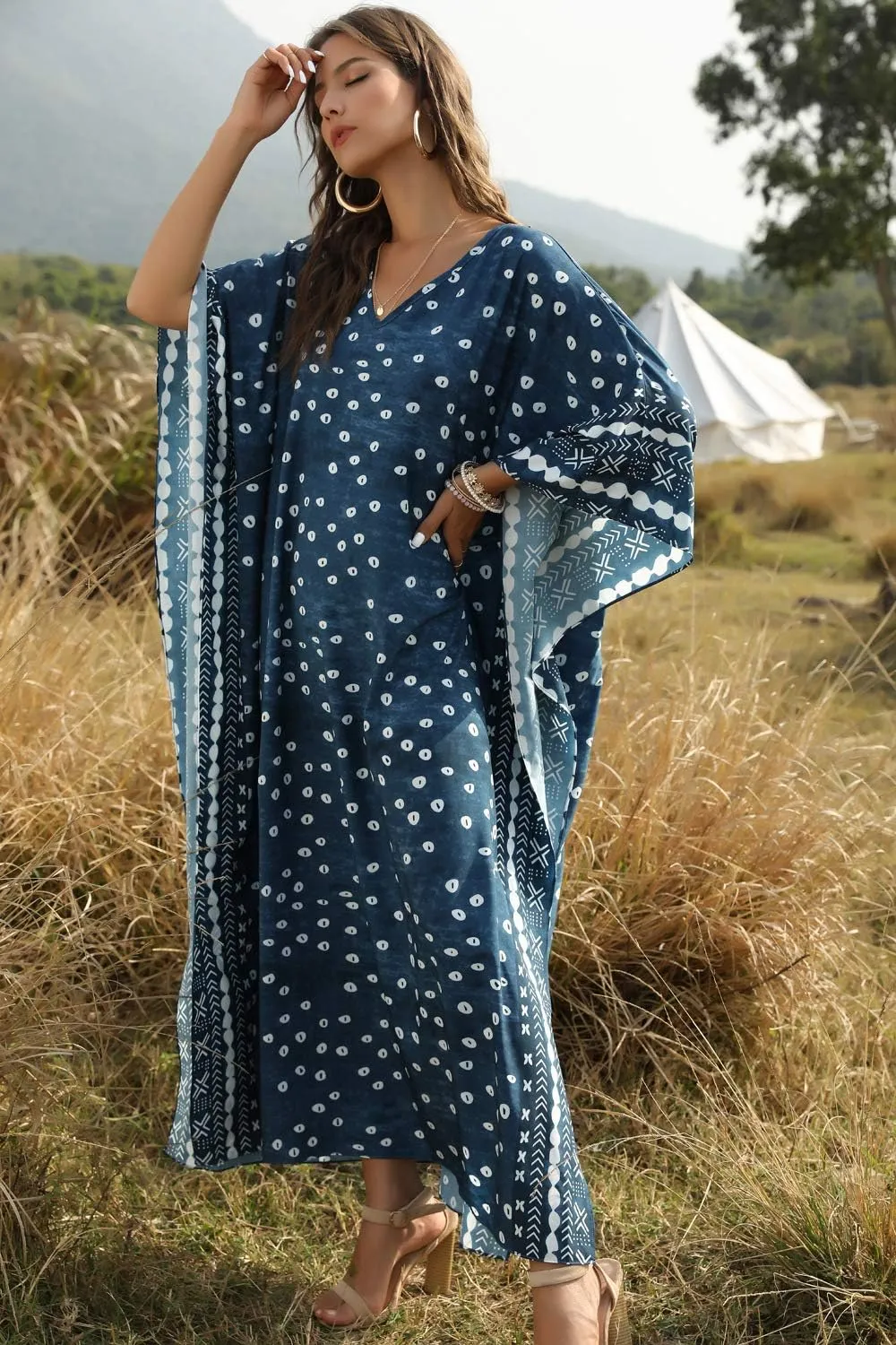 Women Long Tunic Dress Kaftan Maxi Dress Batwing 3/4 Sleeve Plus Size Summer Dress