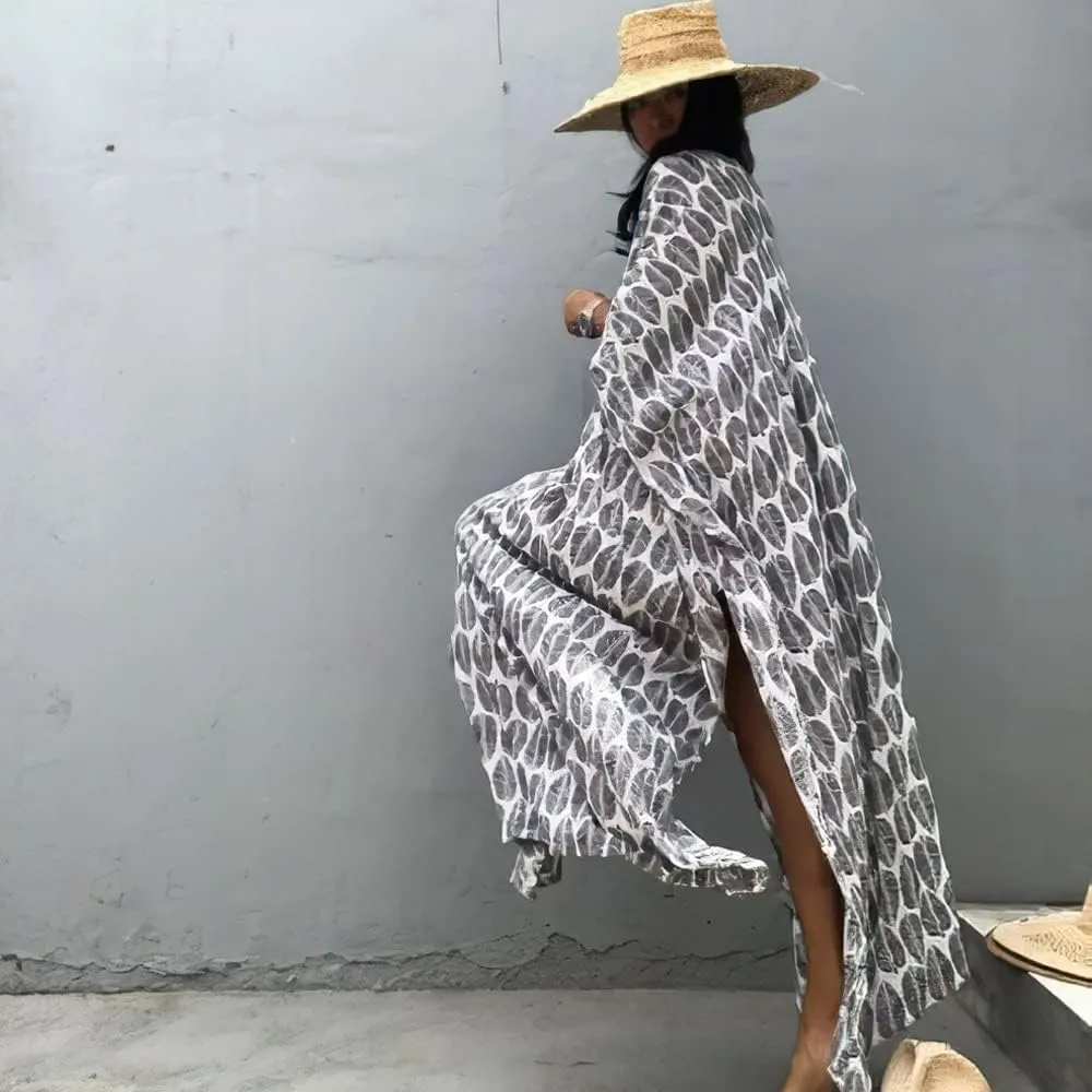 Women Long Tunic Dress Kaftan Maxi Dress Batwing 3/4 Sleeve Plus Size Summer Dress