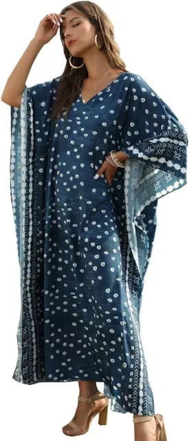 Women Long Tunic Dress Kaftan Maxi Dress Batwing 3/4 Sleeve Plus Size Summer Dress