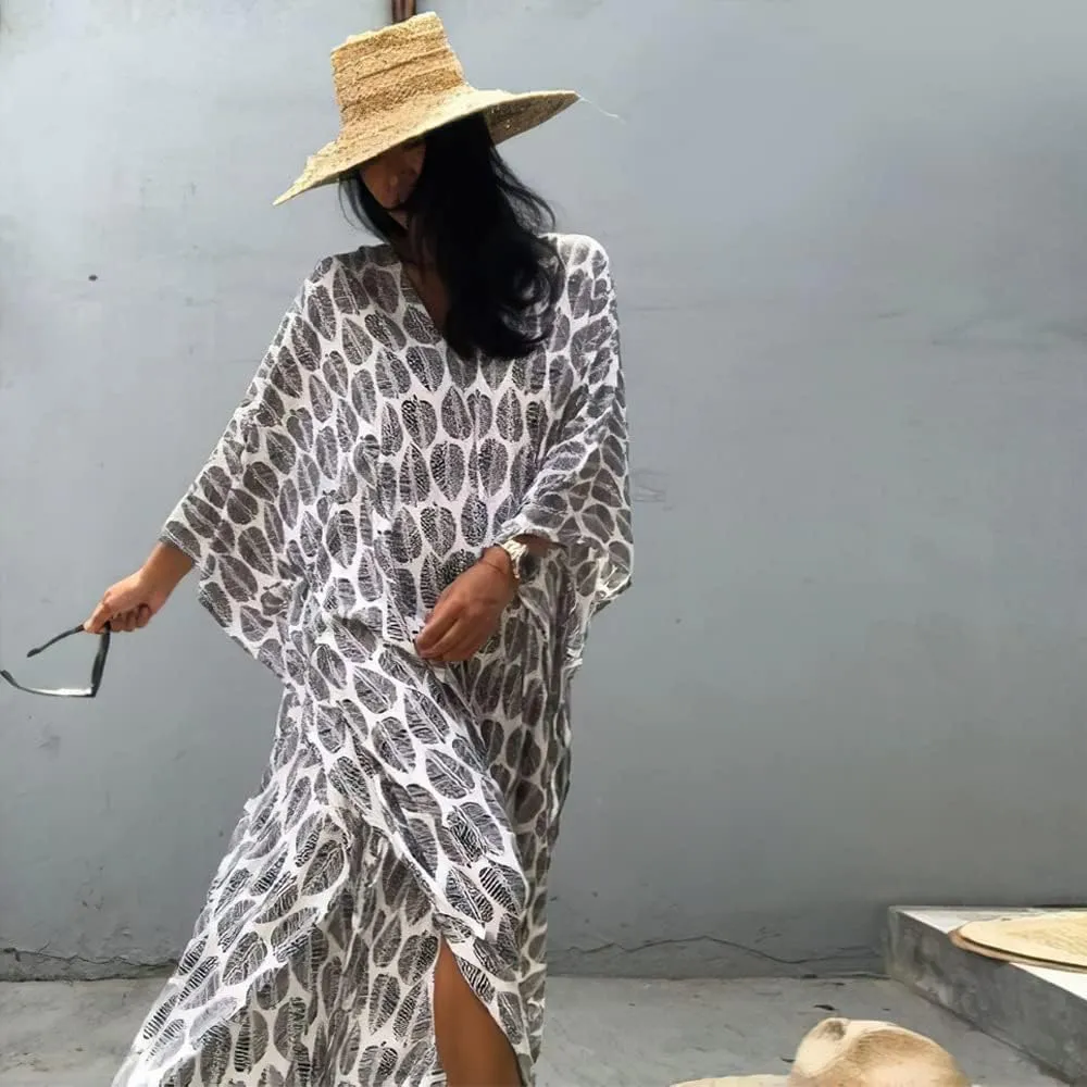 Women Long Tunic Dress Kaftan Maxi Dress Batwing 3/4 Sleeve Plus Size Summer Dress