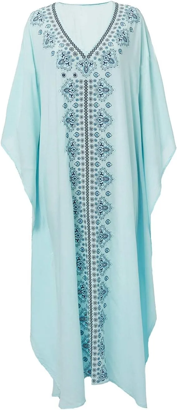 Women Long Tunic Dress Kaftan Maxi Dress Batwing 3/4 Sleeve Plus Size Summer Dress