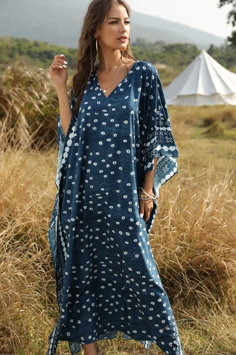 Women Long Tunic Dress Kaftan Maxi Dress Batwing 3/4 Sleeve Plus Size Summer Dress