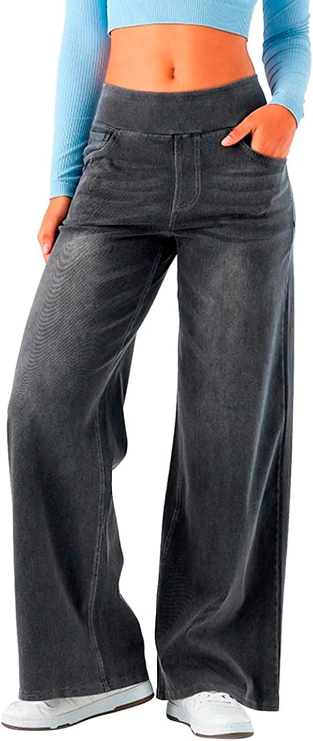 Women Sweatpant Jeans Sweatpants That Look Like Jeans High Waisted Stretchy Pull On Wide Leg Denim Pants with Pockets