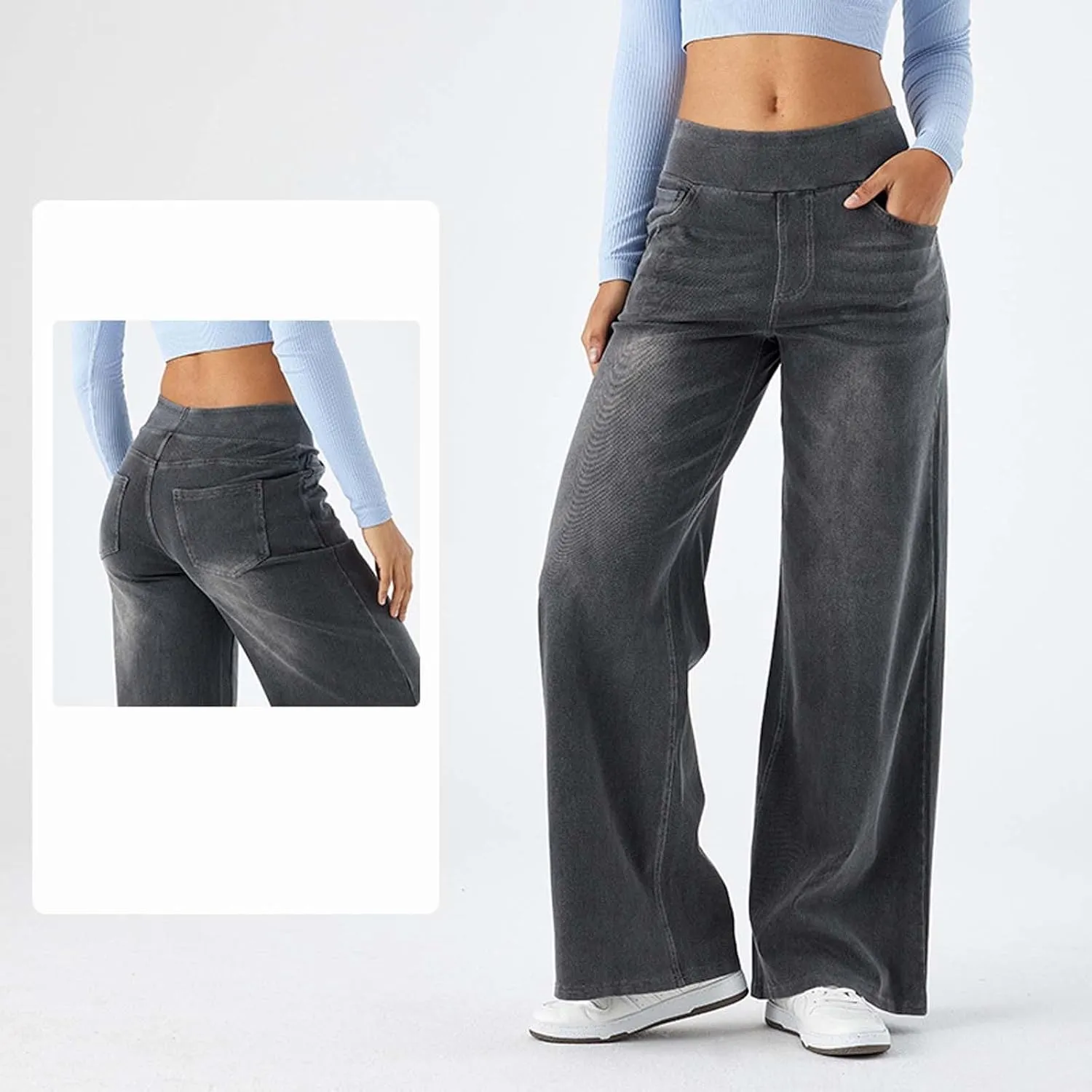 Women Sweatpant Jeans Sweatpants That Look Like Jeans High Waisted Stretchy Pull On Wide Leg Denim Pants with Pockets