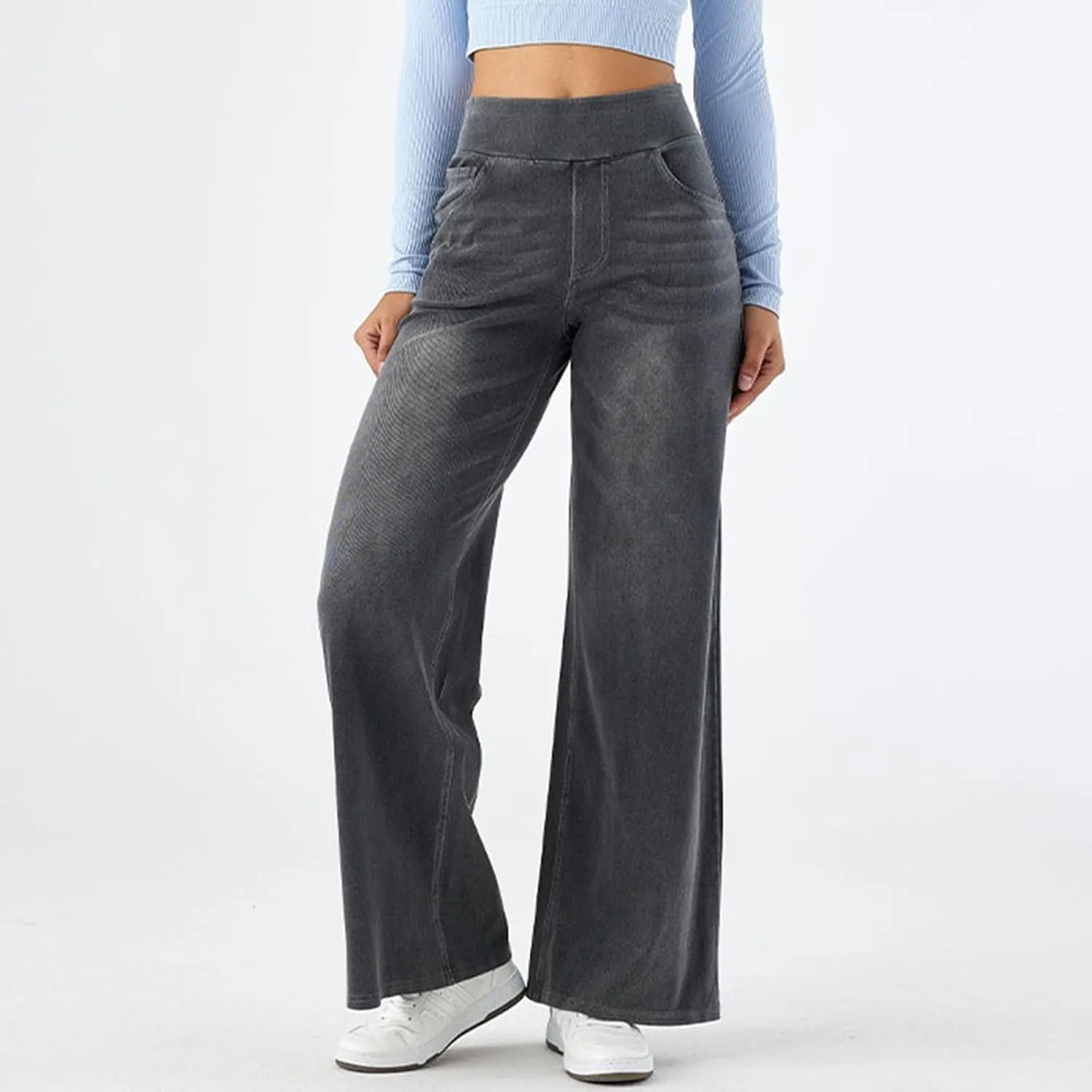 Women Sweatpant Jeans Sweatpants That Look Like Jeans High Waisted Stretchy Pull On Wide Leg Denim Pants with Pockets