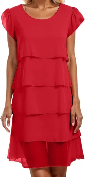 Womens Boho Print Chiffon Dress Summer Spring Ruffle Short Sleeve Wedding Guest Cocktail Party Dress