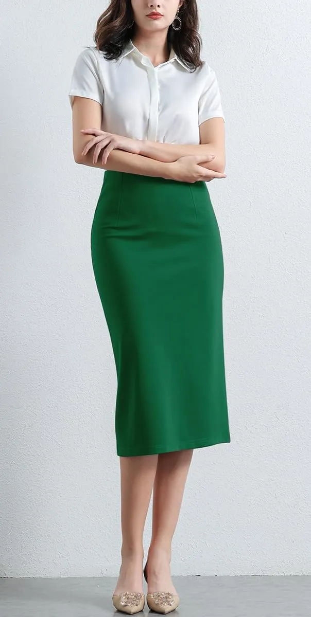 Womens Classic Below Knee Pencil Skirt Stretch Line Midi Skirt of Business Casual Outfits