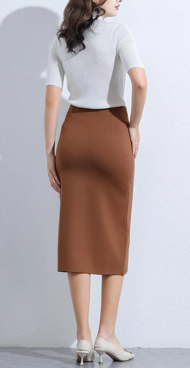 Womens Classic Below Knee Pencil Skirt Stretch Line Midi Skirt of Business Casual Outfits