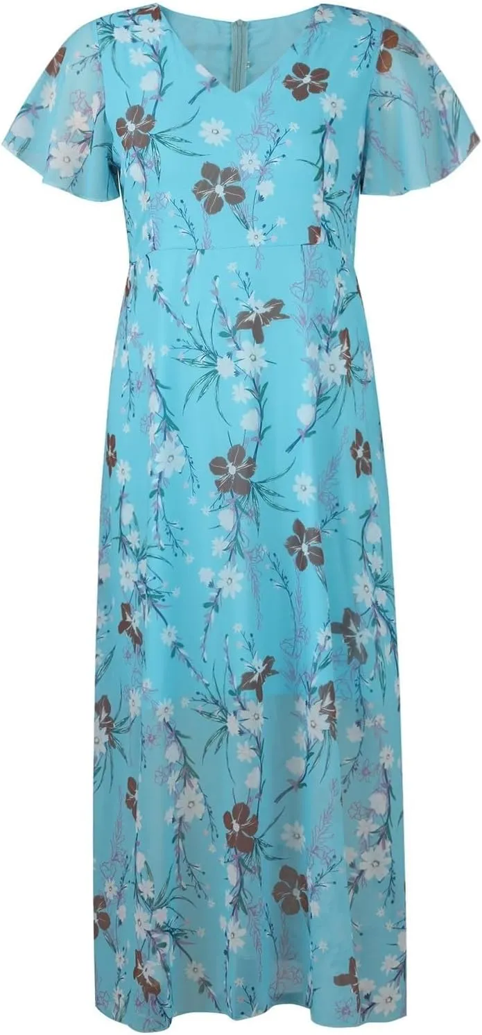 Womens Floral Chiffon Maxi Dress Summer V Neck Short Sleeve Boho Wedding Guest Dress Empire Waist Modest Midi Dresses