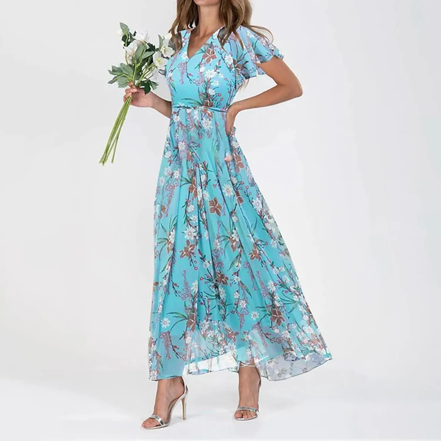 Womens Floral Chiffon Maxi Dress Summer V Neck Short Sleeve Boho Wedding Guest Dress Empire Waist Modest Midi Dresses