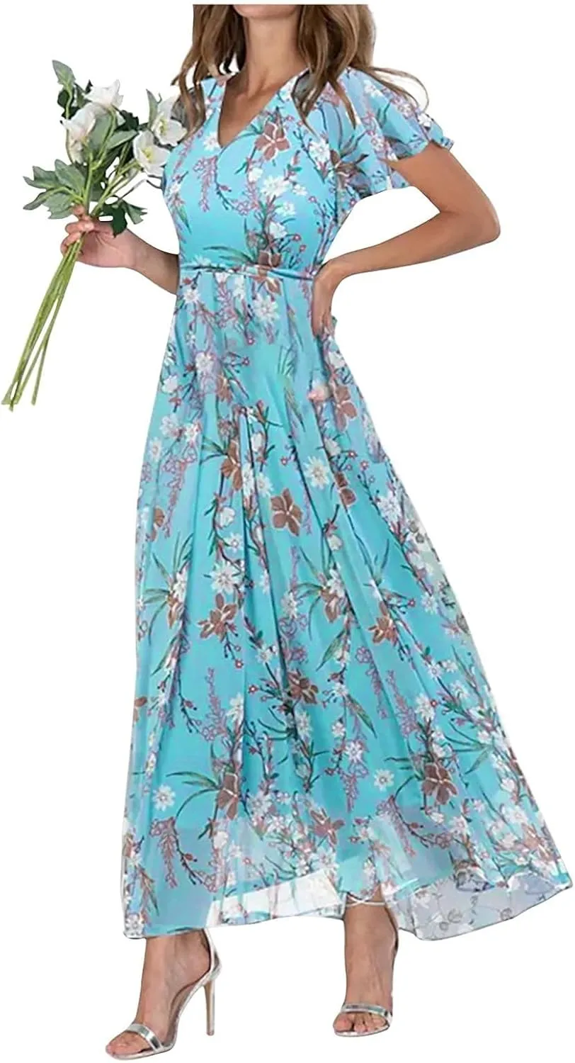 Womens Floral Chiffon Maxi Dress Summer V Neck Short Sleeve Boho Wedding Guest Dress Empire Waist Modest Midi Dresses