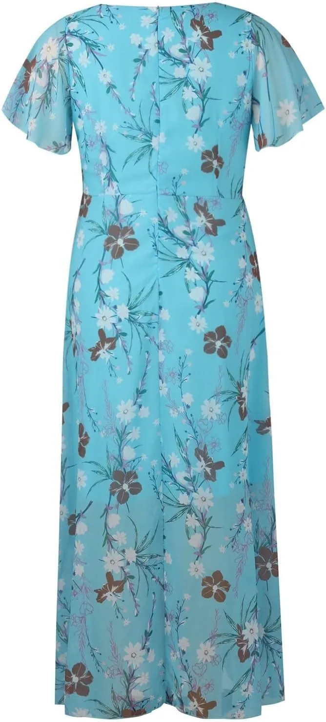 Womens Floral Chiffon Maxi Dress Summer V Neck Short Sleeve Boho Wedding Guest Dress Empire Waist Modest Midi Dresses
