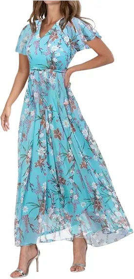 Womens Floral Chiffon Maxi Dress Summer V Neck Short Sleeve Boho Wedding Guest Dress Empire Waist Modest Midi Dresses