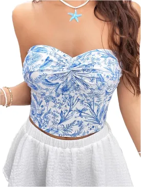 Women's Floral Pattern Twist Front Strapless Bandeau Top Casual Sleeveless Backless Slim Fit Boho Tube Crop Tops