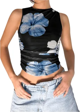 Women's Floral Print Tank Tops Sleeveless Crew Neck Shirt Ruched Slim Fit Crop Tops