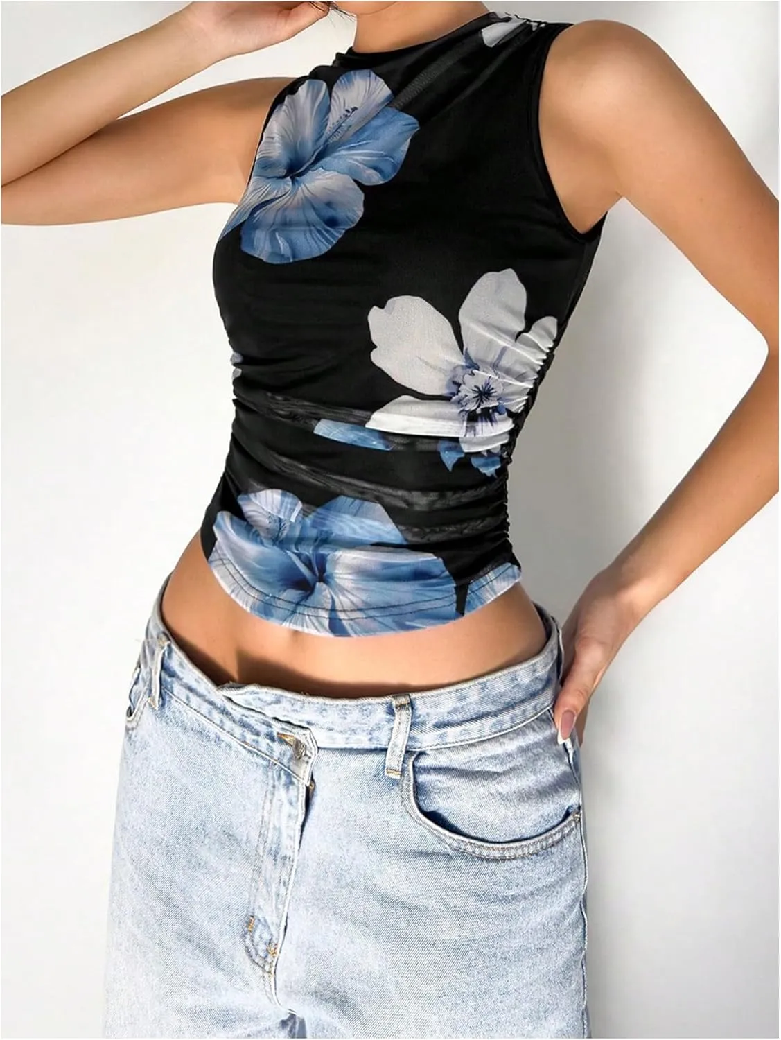 Women's Floral Print Tank Tops Sleeveless Crew Neck Shirt Ruched Slim Fit Crop Tops