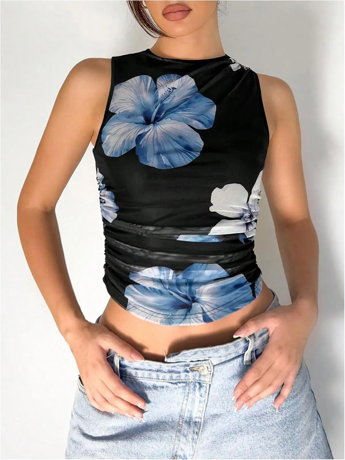Women's Floral Print Tank Tops Sleeveless Crew Neck Shirt Ruched Slim Fit Crop Tops
