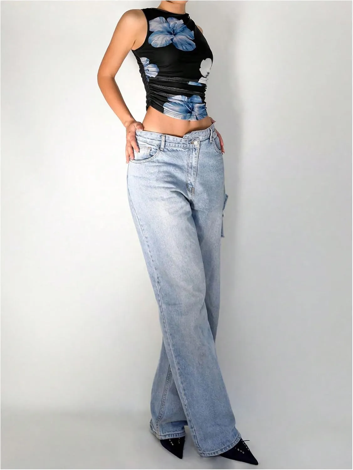 Women's Floral Print Tank Tops Sleeveless Crew Neck Shirt Ruched Slim Fit Crop Tops