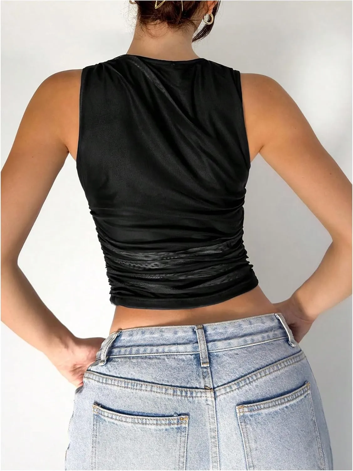 Women's Floral Print Tank Tops Sleeveless Crew Neck Shirt Ruched Slim Fit Crop Tops